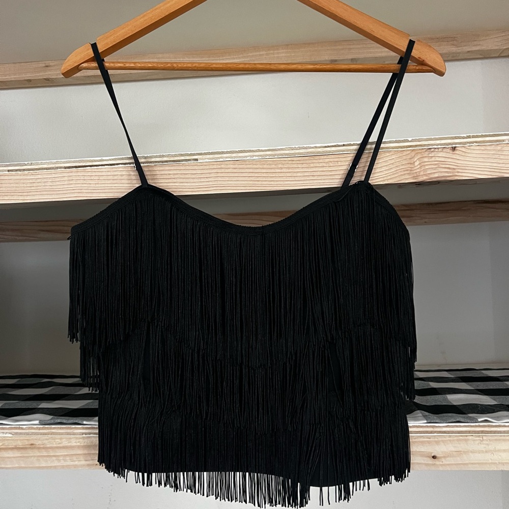 Free People Black Fringe Crop Top, Festival Boho Size M